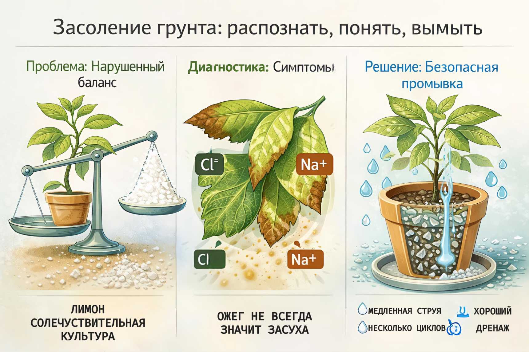 Иллюстрация: проблема засоления грунта у лимона показана как перевешивающая чаша с солью. Диагностика по ожогу листьев и решение в виде схемы промывки горшка для вымывания солей.